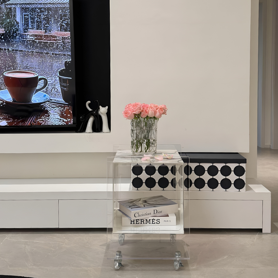 【早割対象】マーブル調クリアキューブサイドテーブル